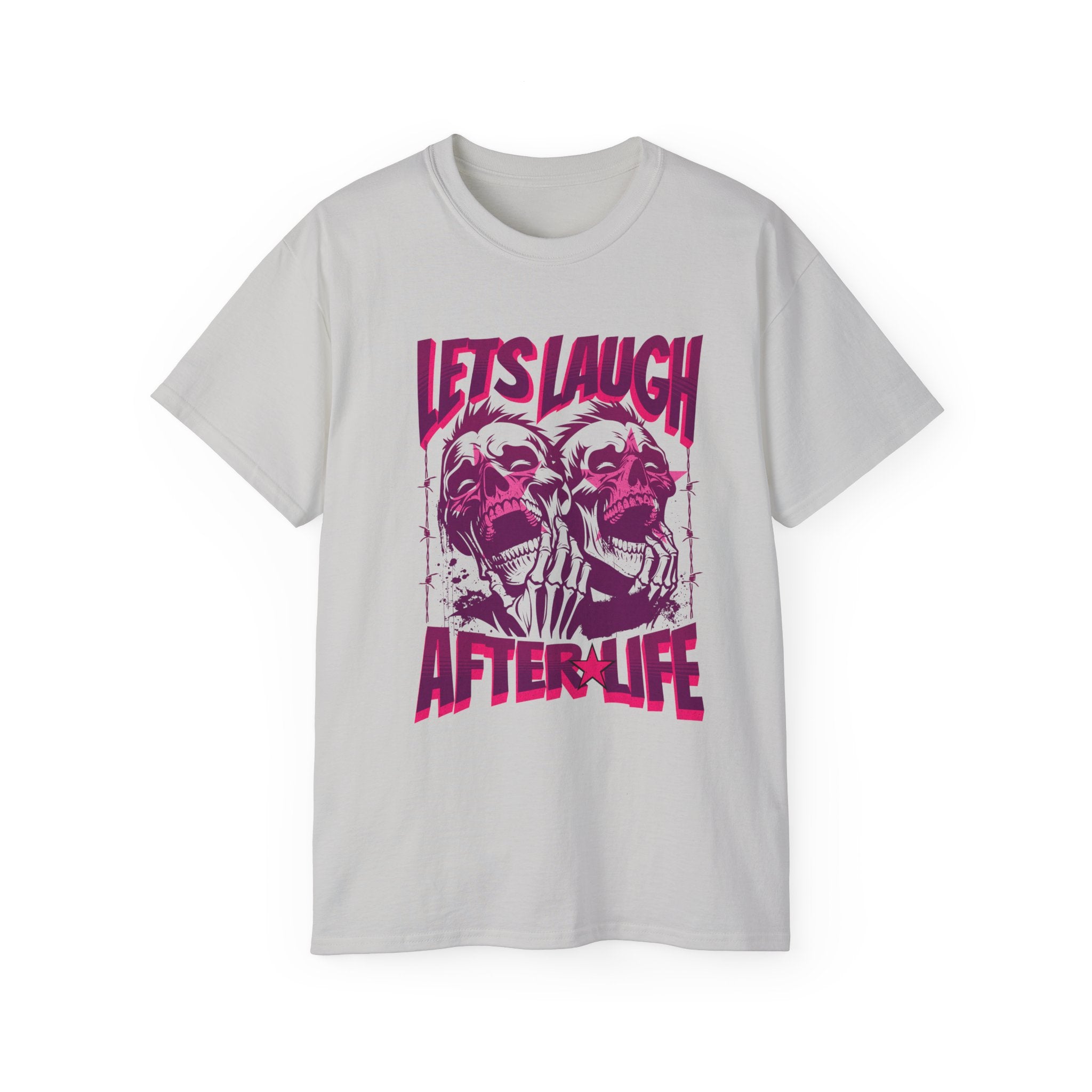 Let's Laugh After Life - Unisex Cotton Crew Tee (Front) - Damned Threads